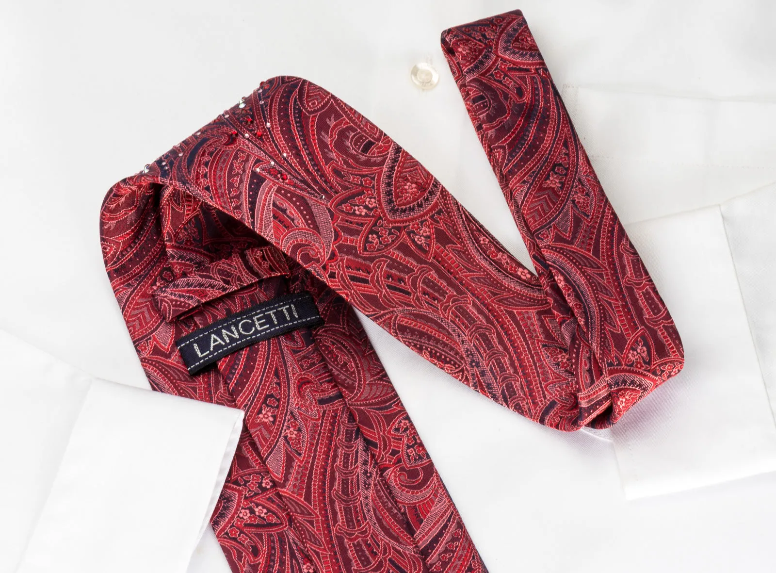 Lancetti Silk Necktie Paisley On Burgundy With Rhinestones