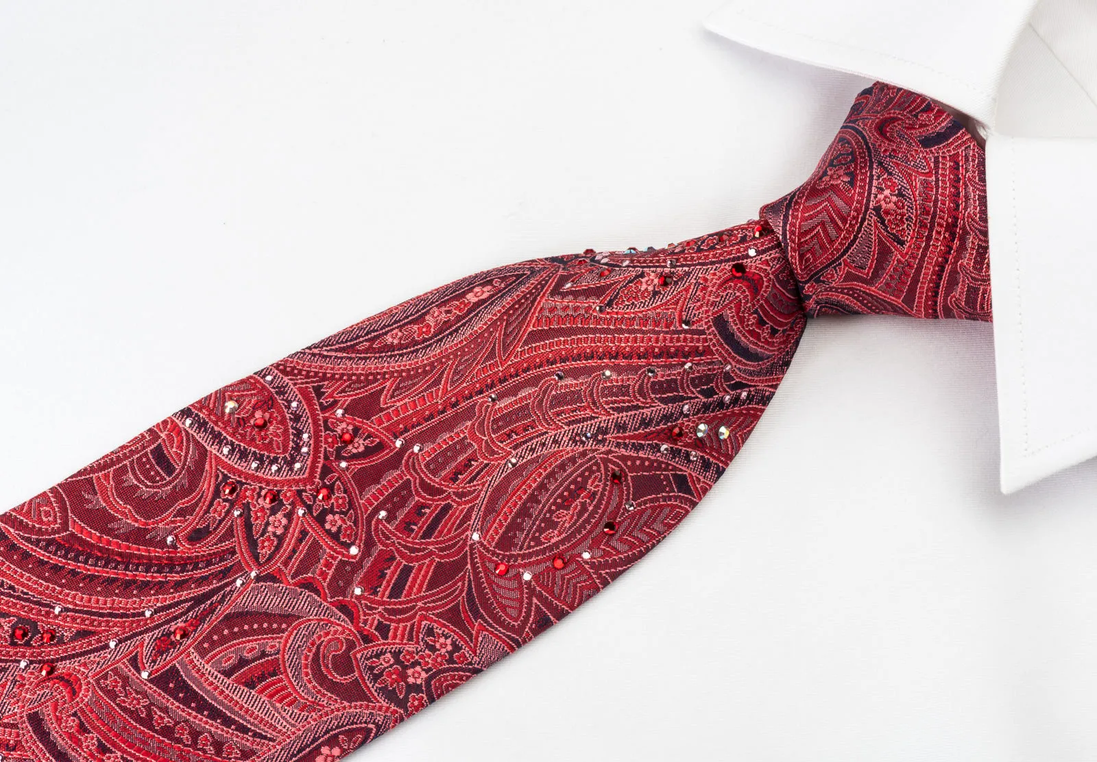 Lancetti Silk Necktie Paisley On Burgundy With Rhinestones