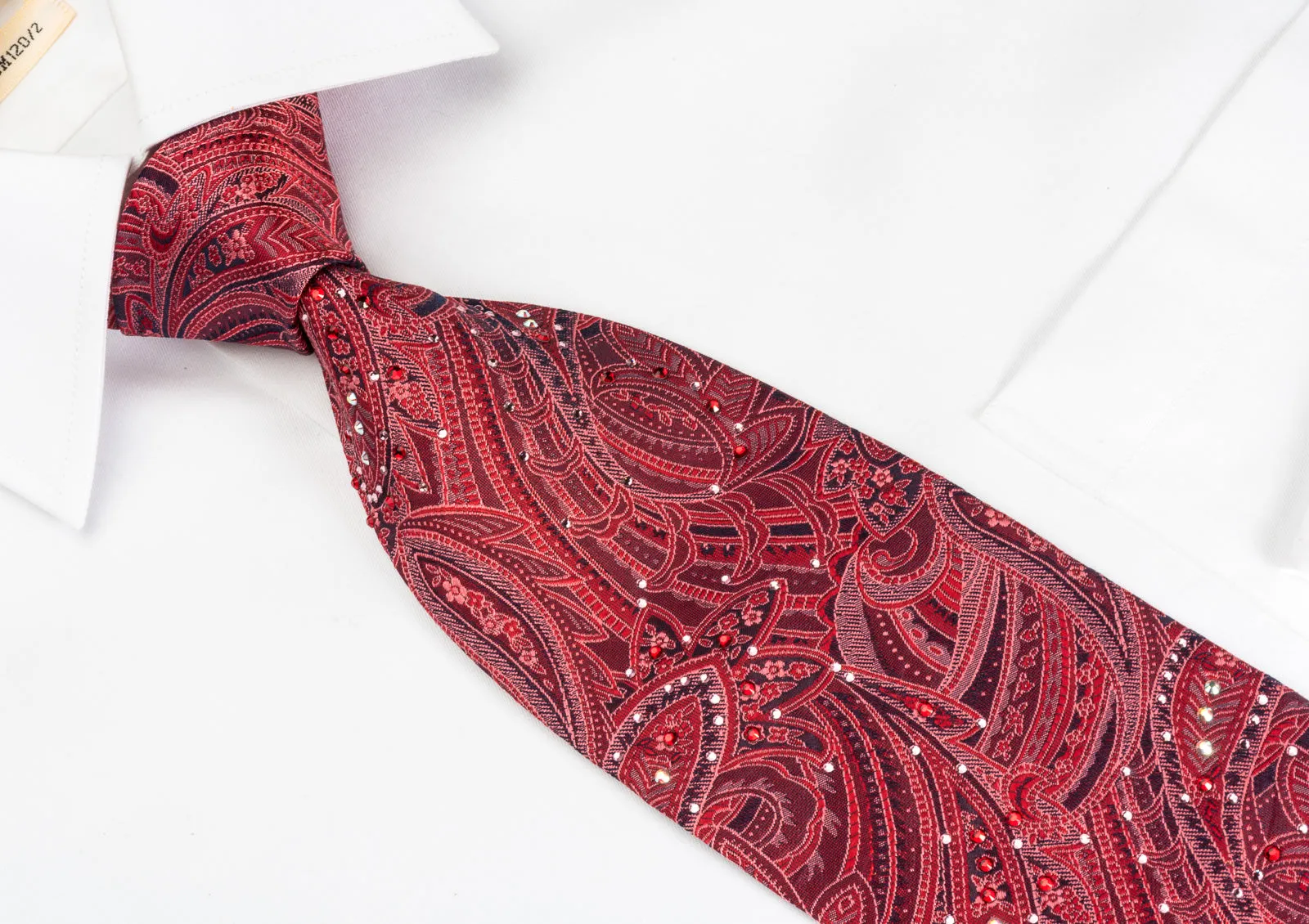 Lancetti Silk Necktie Paisley On Burgundy With Rhinestones