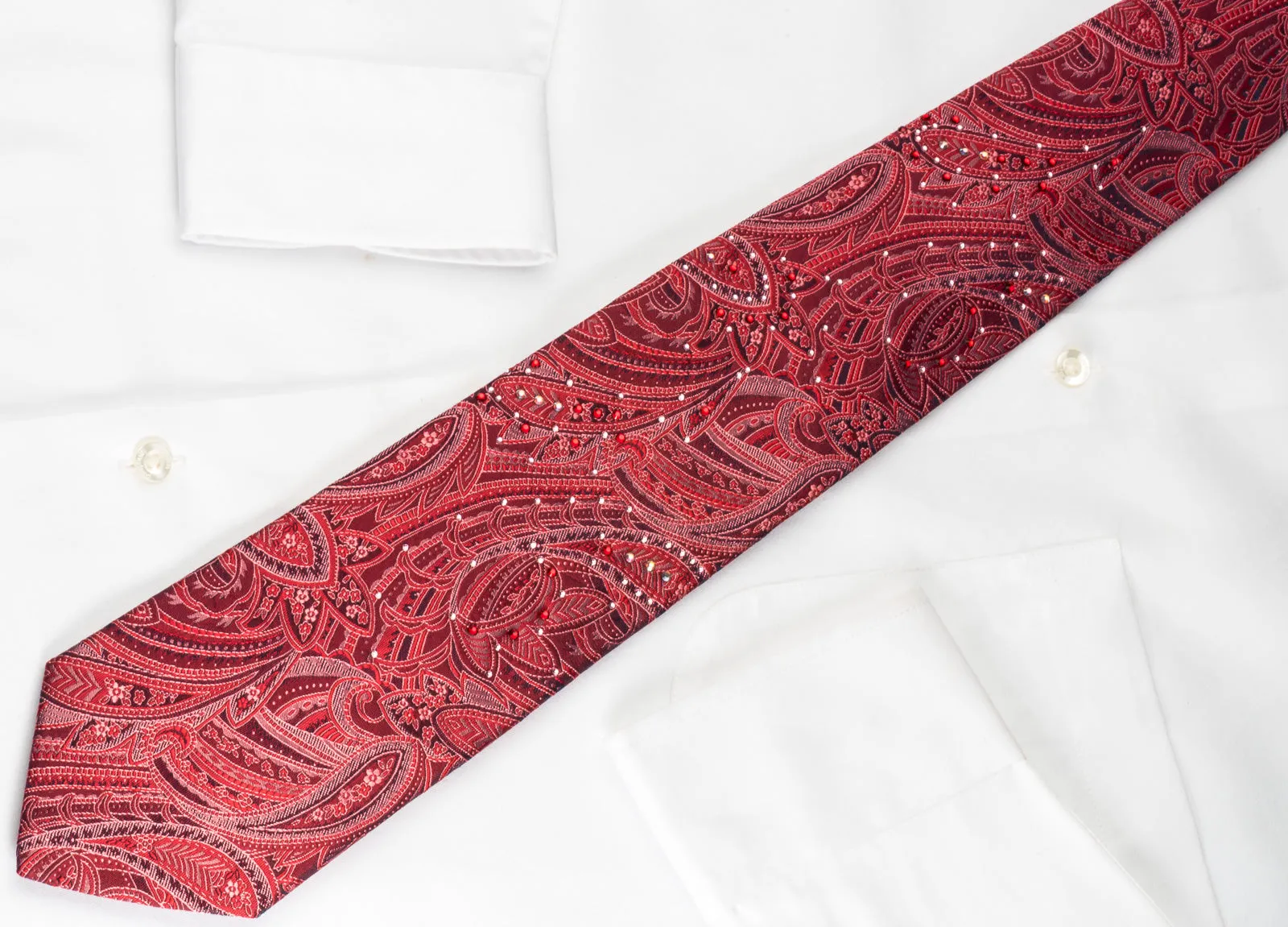 Lancetti Silk Necktie Paisley On Burgundy With Rhinestones