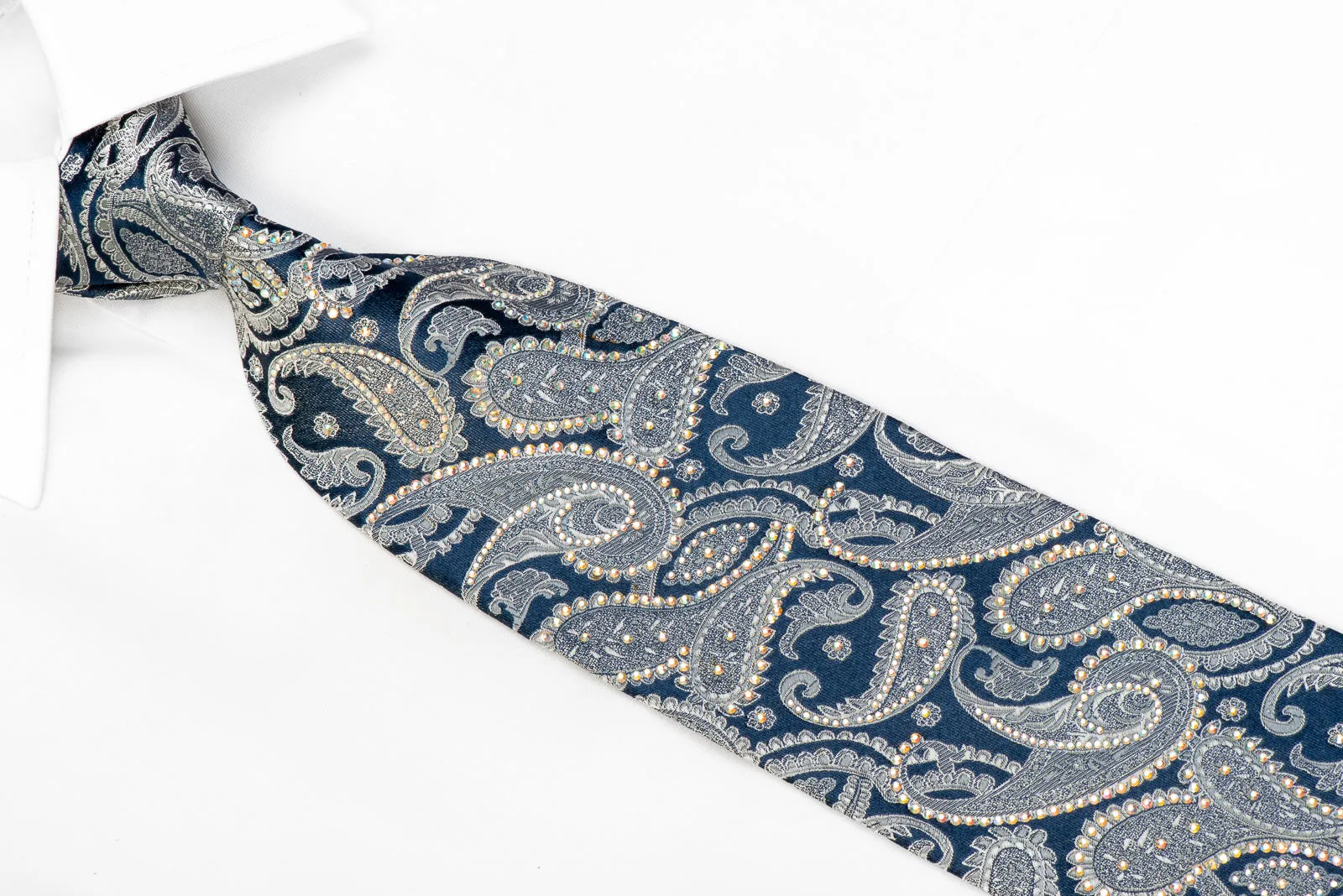 Louis-Quatorze-95 Men's Rhinestone Necktie Silver Paisley On Blue