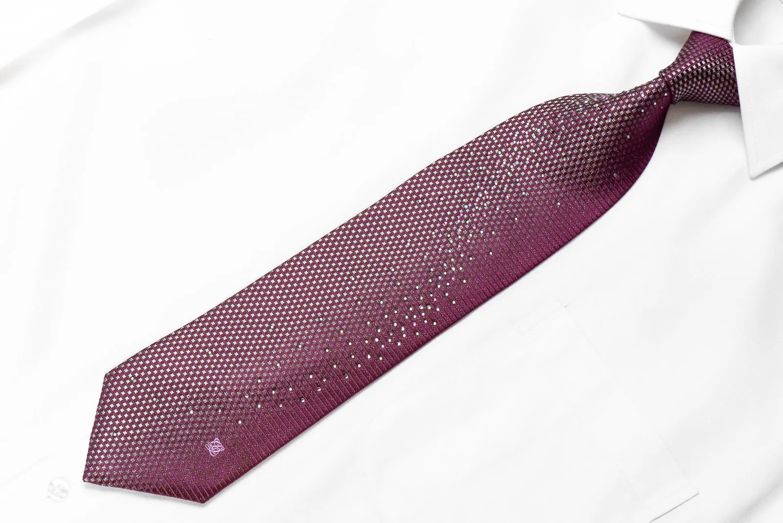 Louis Quatorze Men's Crystal Rhinestone Silk Necktie Silver Brown Geometric On Purple With Sparkles