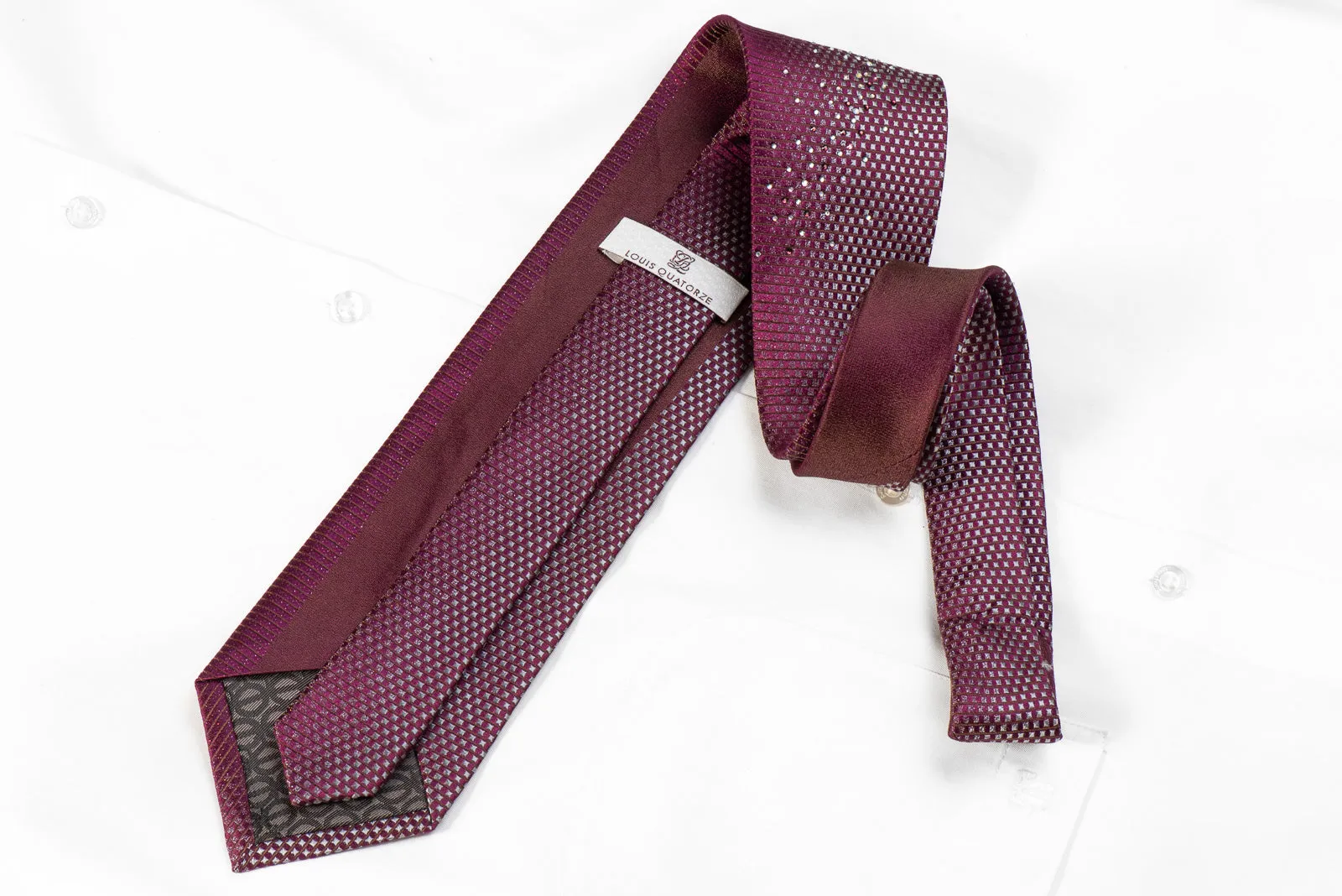 Louis Quatorze Men's Crystal Rhinestone Silk Necktie Silver Brown Geometric On Purple With Sparkles