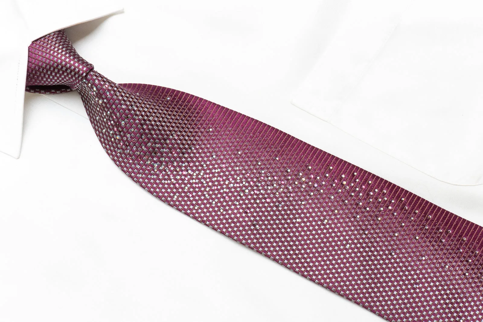 Louis Quatorze Men's Crystal Rhinestone Silk Necktie Silver Brown Geometric On Purple With Sparkles