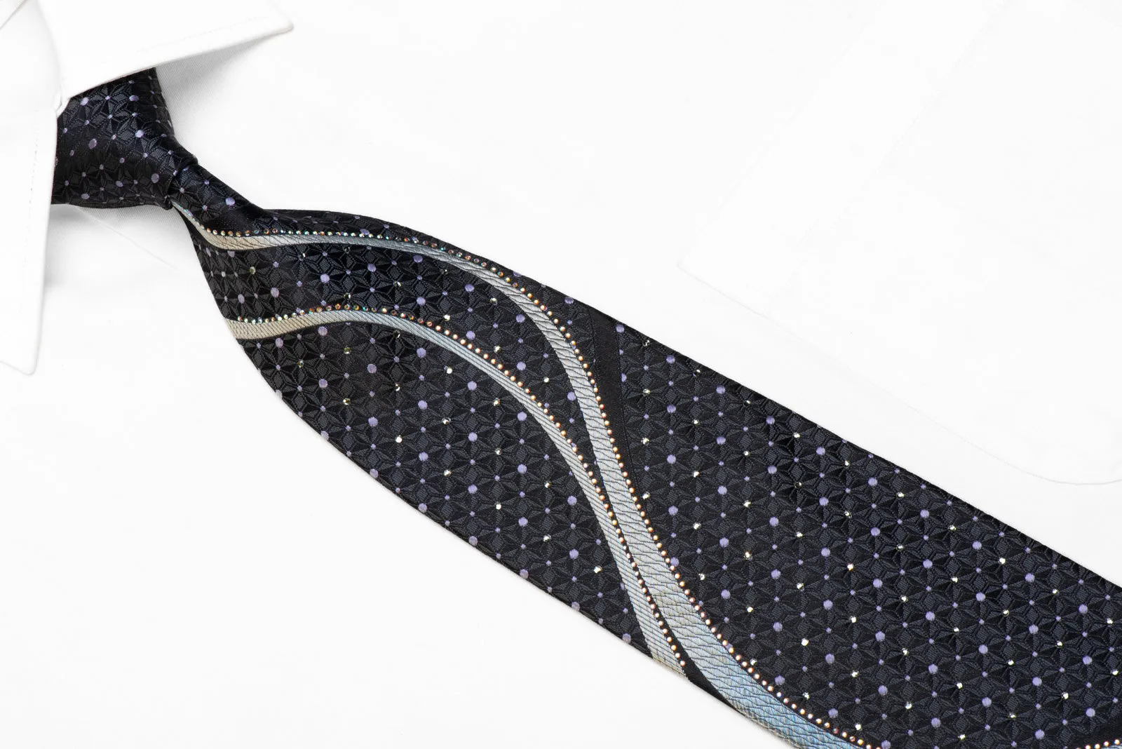 MCM Rhinestone Silk Necktie Silver Wave Geometric On Black