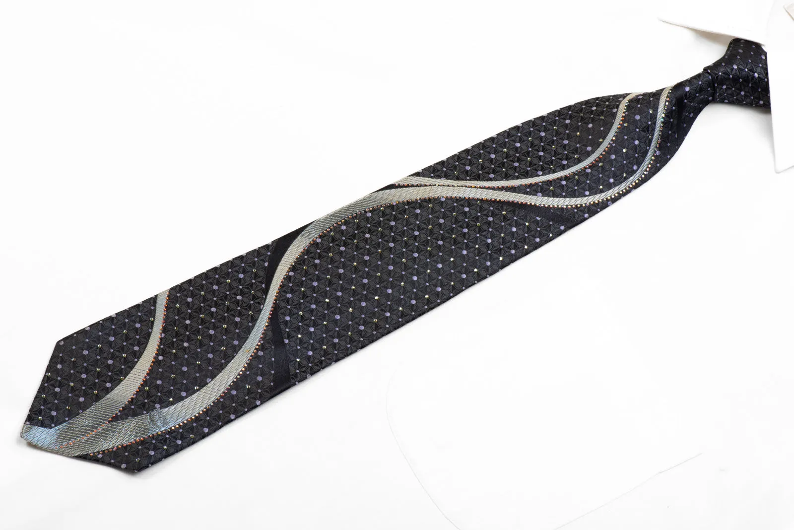 MCM Rhinestone Silk Necktie Silver Wave Geometric On Black