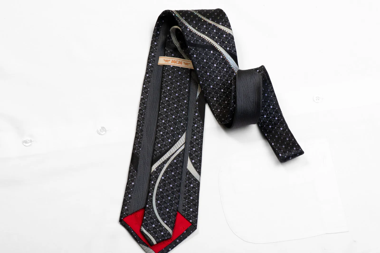 MCM Rhinestone Silk Necktie Silver Wave Geometric On Black