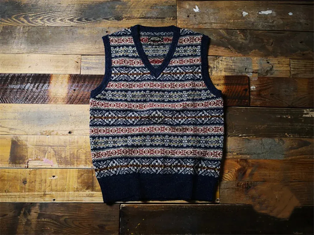 Vintage Mens Fair Isle Knitted V-Neck Sleeveless Sweater Vest