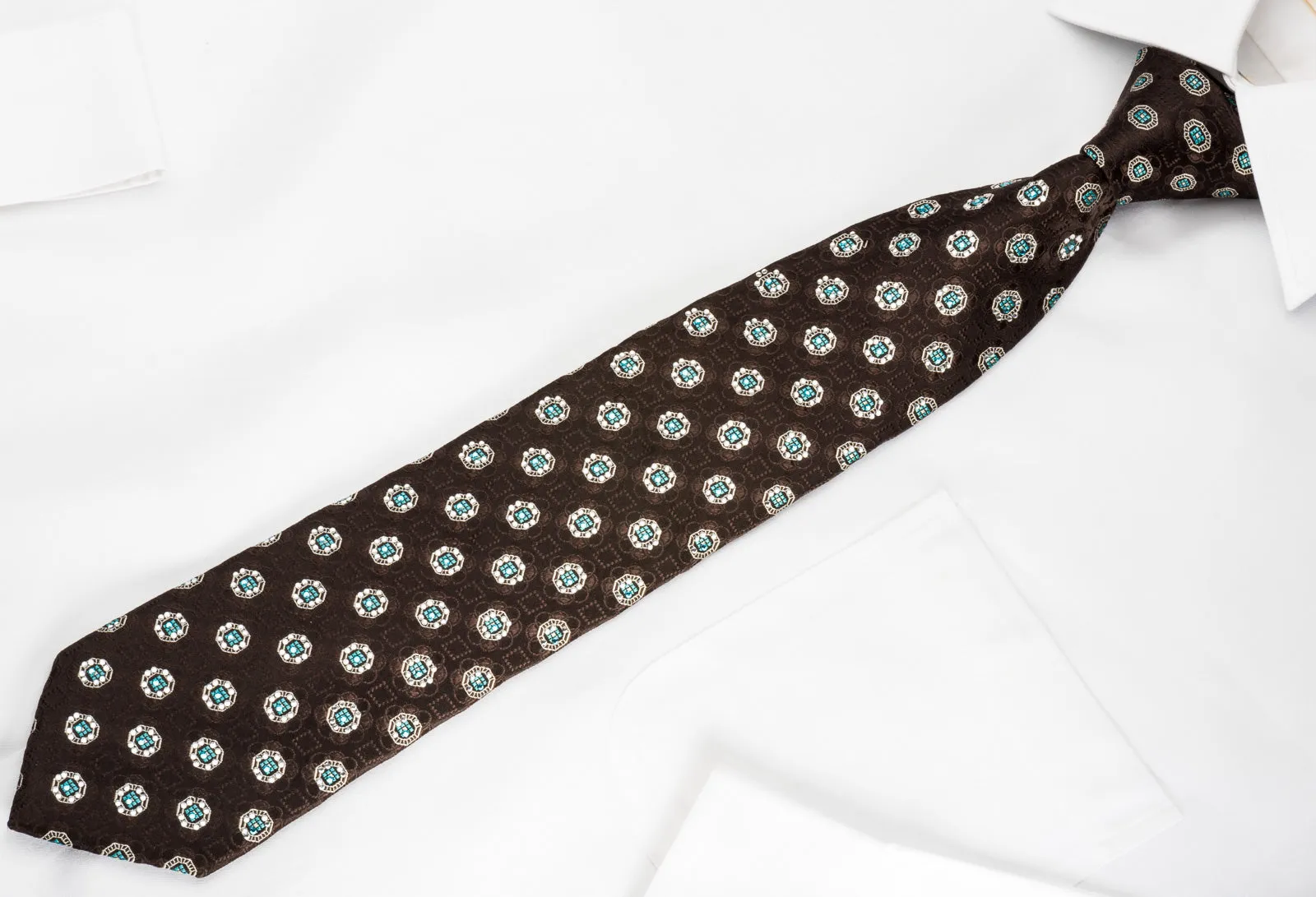 Men's Silk Necktie Silver Foulard On Dark Brown With Rhinestones