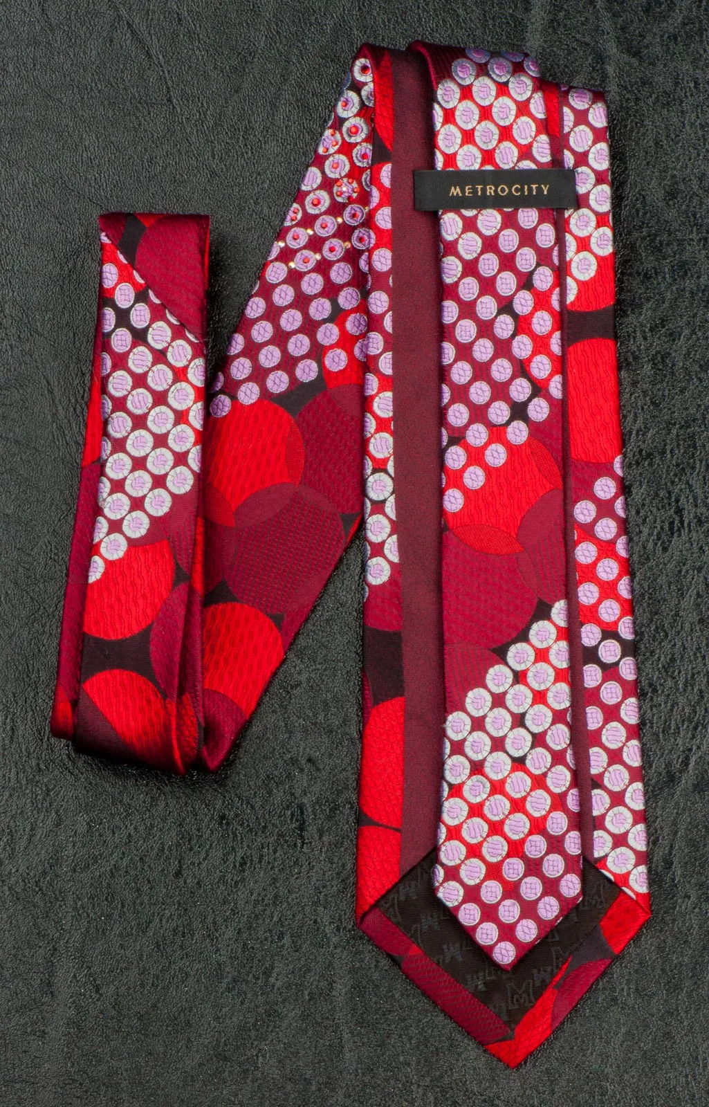 Metro City Mens Silk Neck Tie Red Burgundy Circles & Dots With Rhinestones