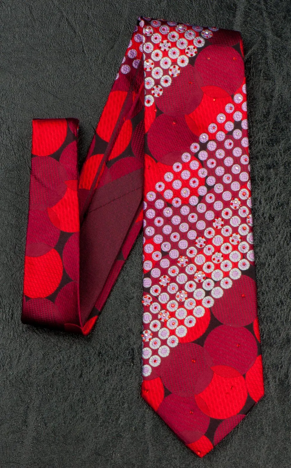 Metro City Mens Silk Neck Tie Red Burgundy Circles & Dots With Rhinestones