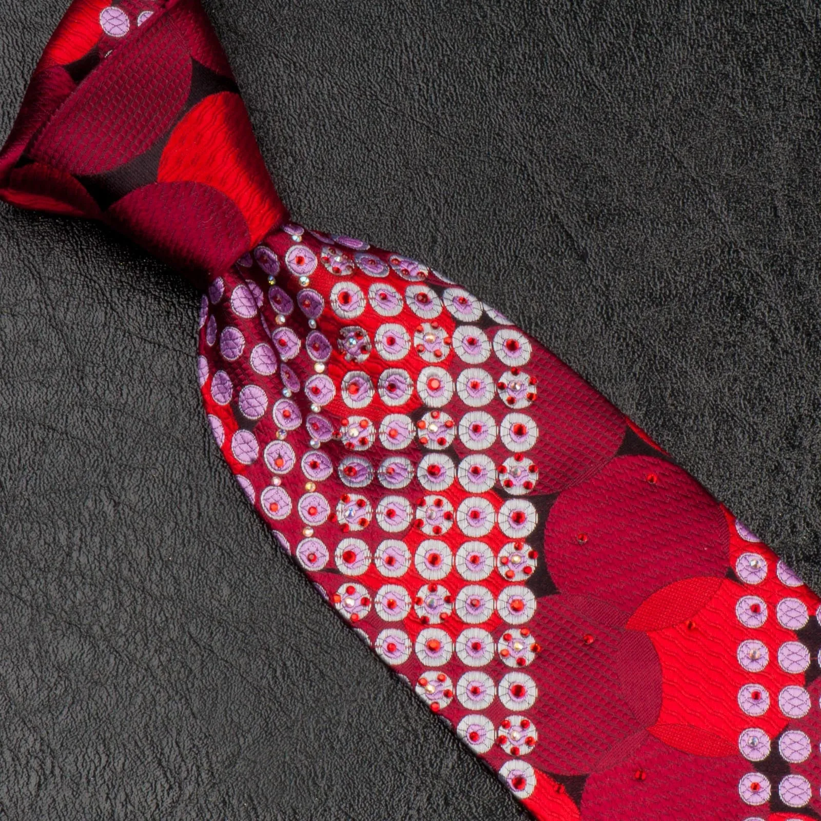 Metro City Mens Silk Neck Tie Red Burgundy Circles & Dots With Rhinestones