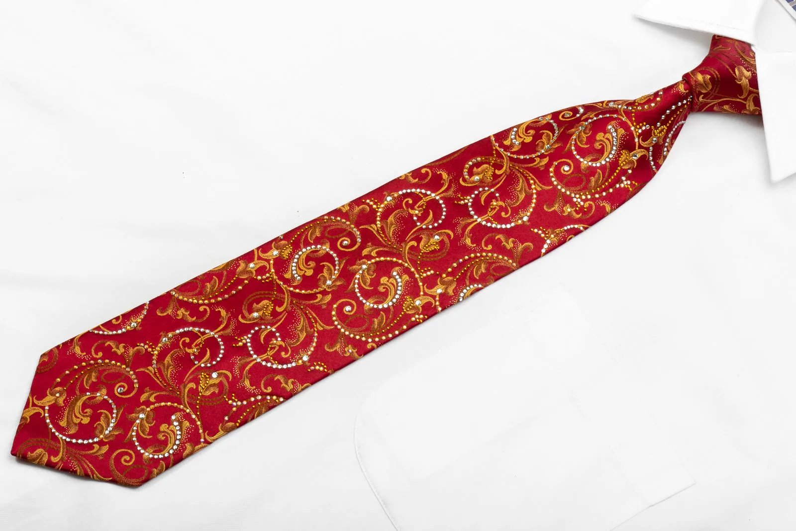 Mila Schon Men's Rhinestone Necktie Golden Acanthus Scrolls On Burgundy With Gold Sparkles
