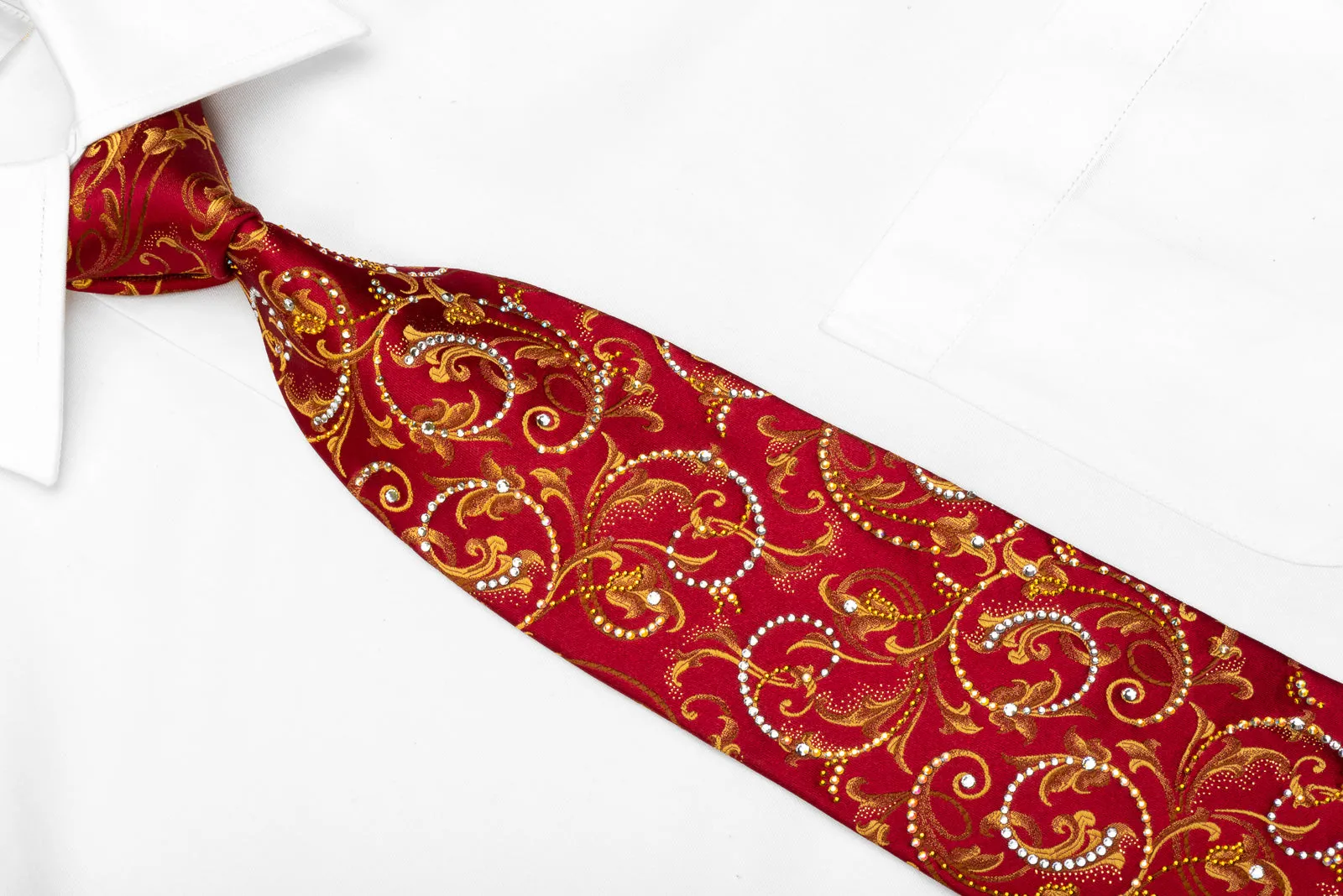 Mila Schon Men's Rhinestone Necktie Golden Acanthus Scrolls On Burgundy With Gold Sparkles