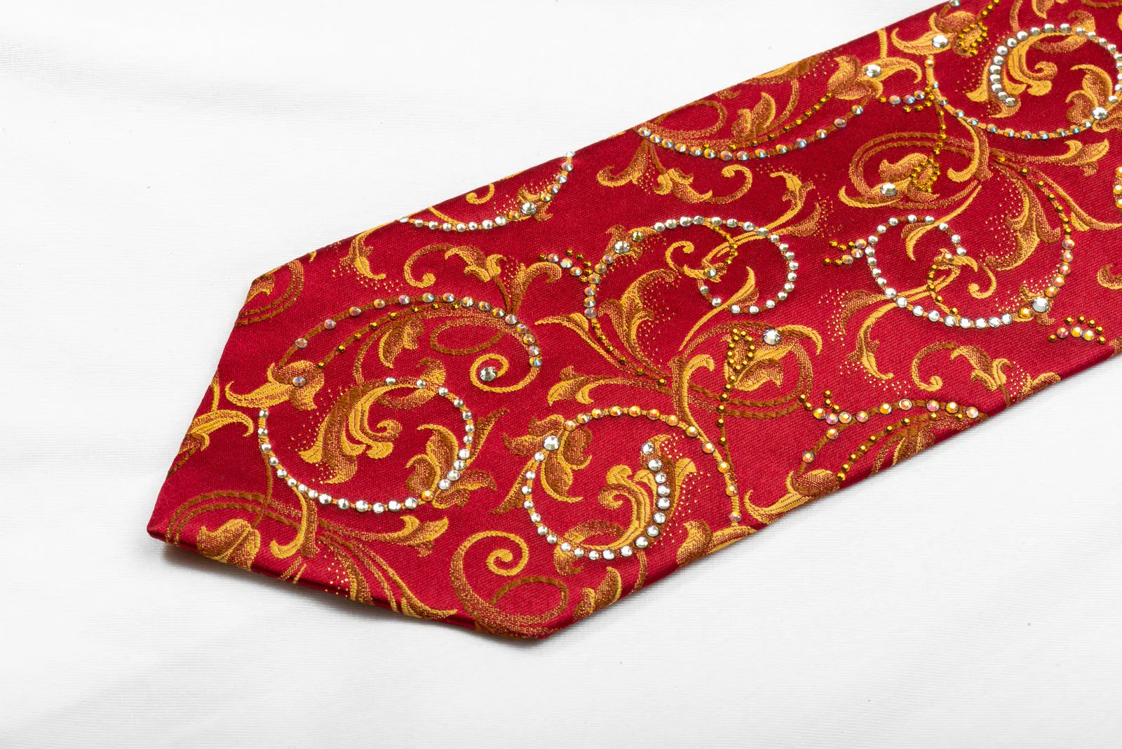 Mila Schon Men's Rhinestone Necktie Golden Acanthus Scrolls On Burgundy With Gold Sparkles