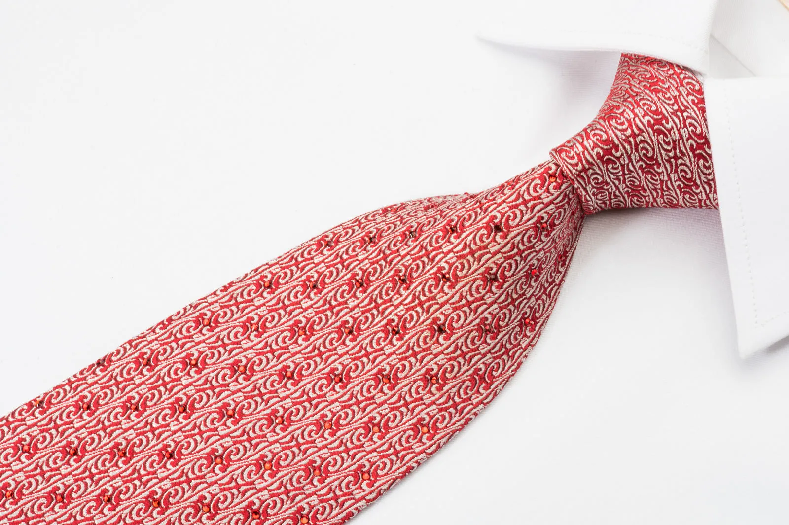 Mila Schon Rhinestone Necktie Silver Cartouche On Red Silk