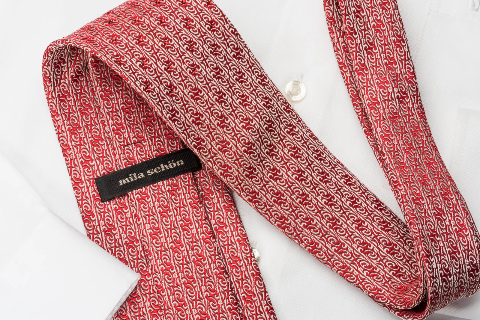 Mila Schon Rhinestone Necktie Silver Cartouche On Red Silk
