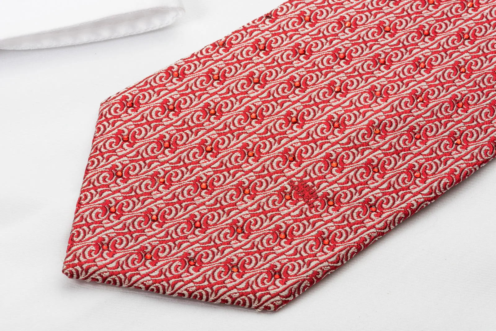 Mila Schon Rhinestone Necktie Silver Cartouche On Red Silk