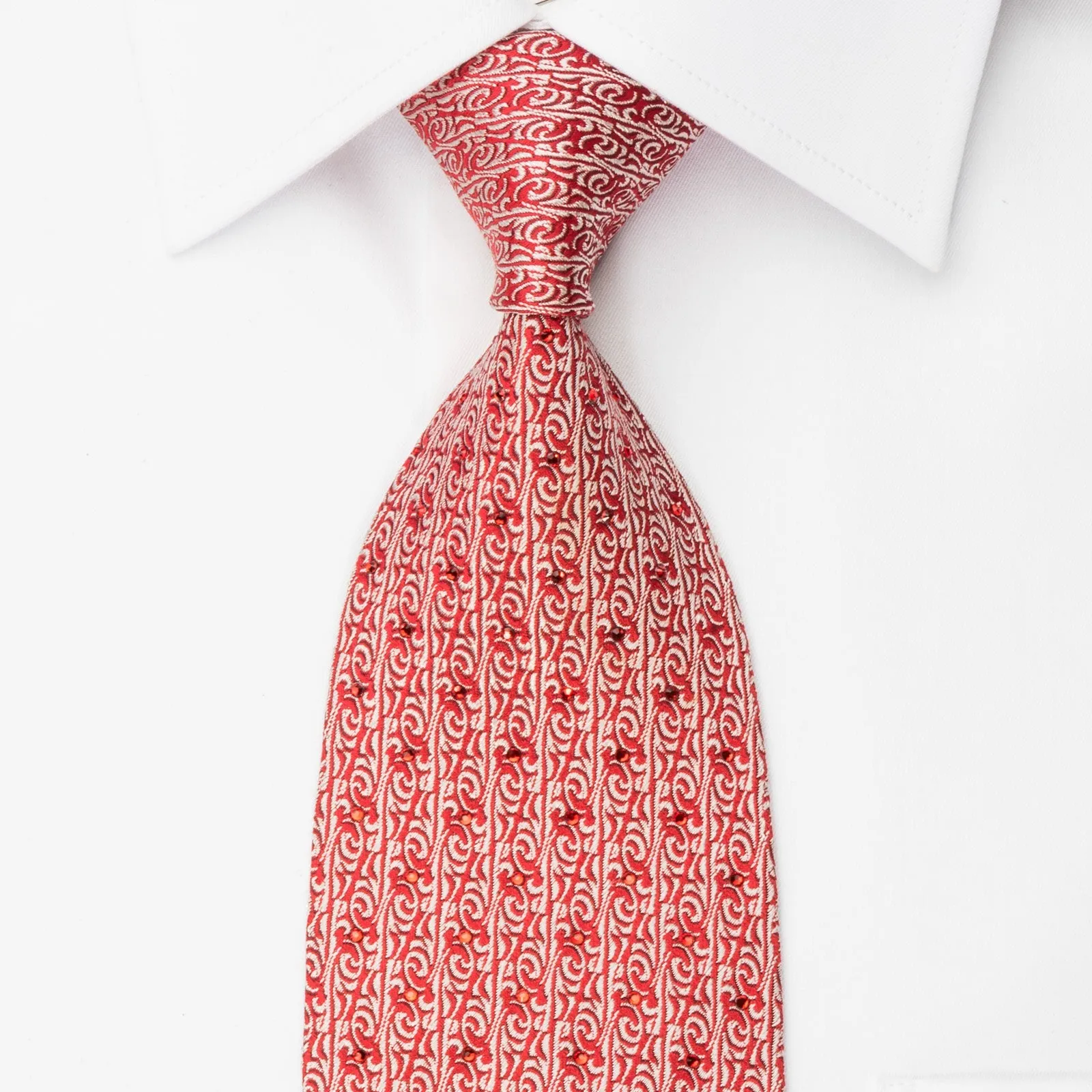 Mila Schon Rhinestone Necktie Silver Cartouche On Red Silk