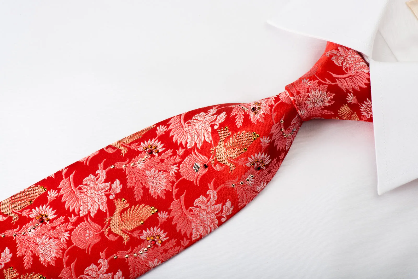 Mila Schon Rhinestone Silk Necktie Gold Doves On Anthemion On Red With Gold Sparkles