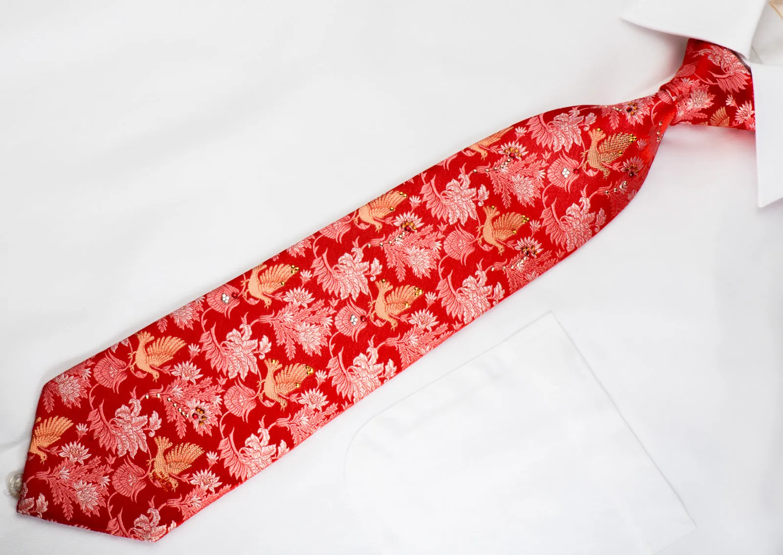 Mila Schon Rhinestone Silk Necktie Gold Doves On Anthemion On Red With Gold Sparkles