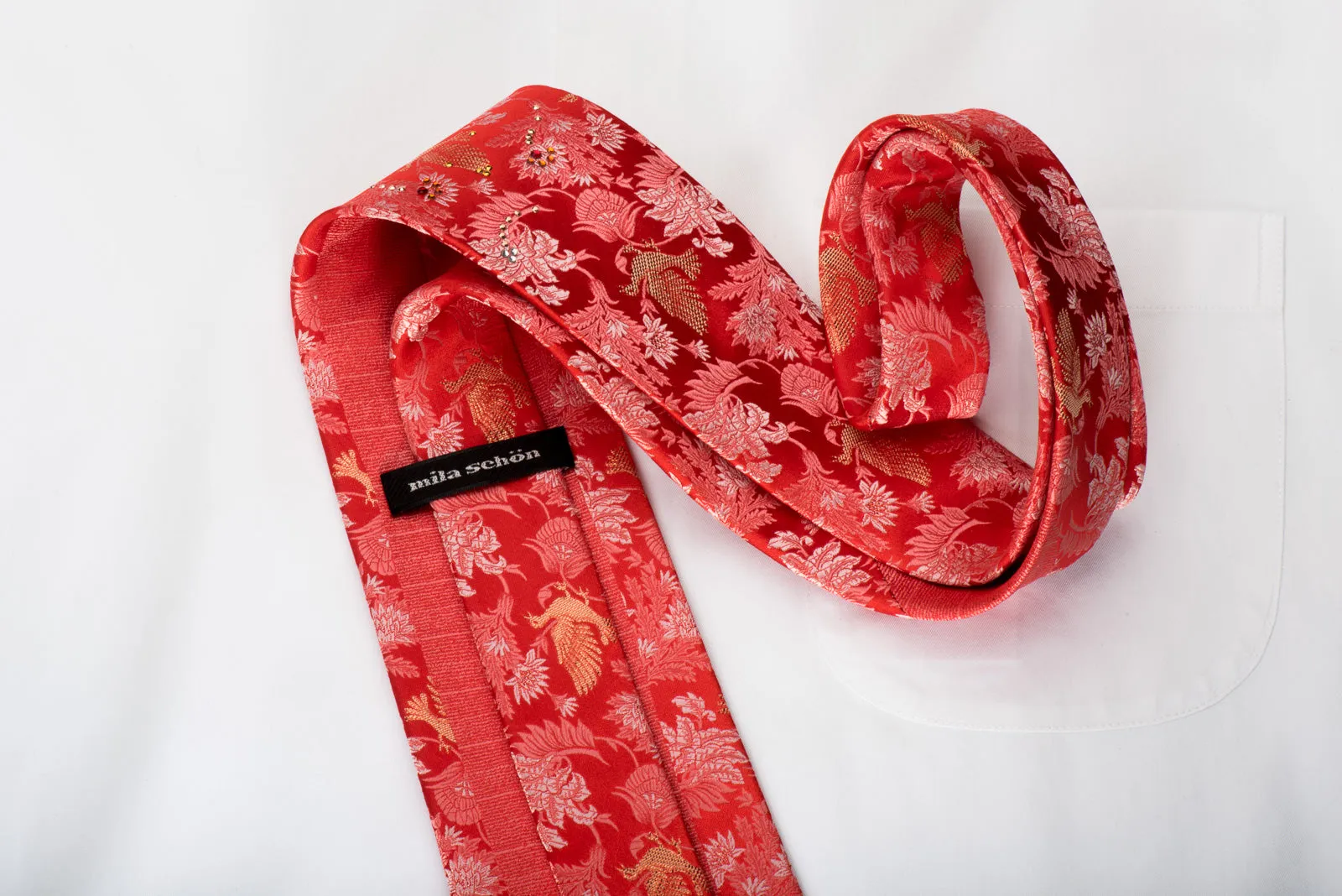 Mila Schon Rhinestone Silk Necktie Gold Doves On Anthemion On Red With Gold Sparkles