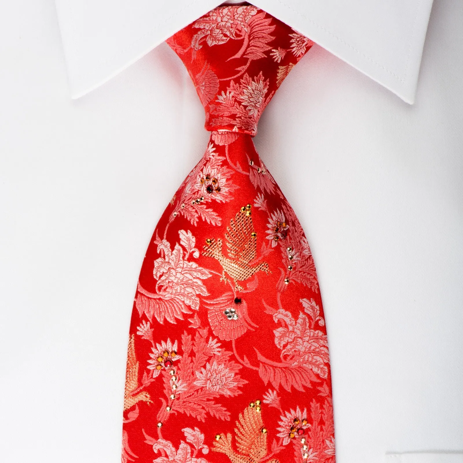 Mila Schon Rhinestone Silk Necktie Gold Doves On Anthemion On Red With Gold Sparkles