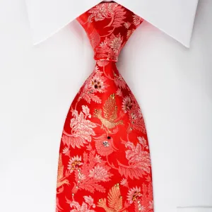 Mila Schon Rhinestone Silk Necktie Gold Doves On Anthemion On Red With Gold Sparkles