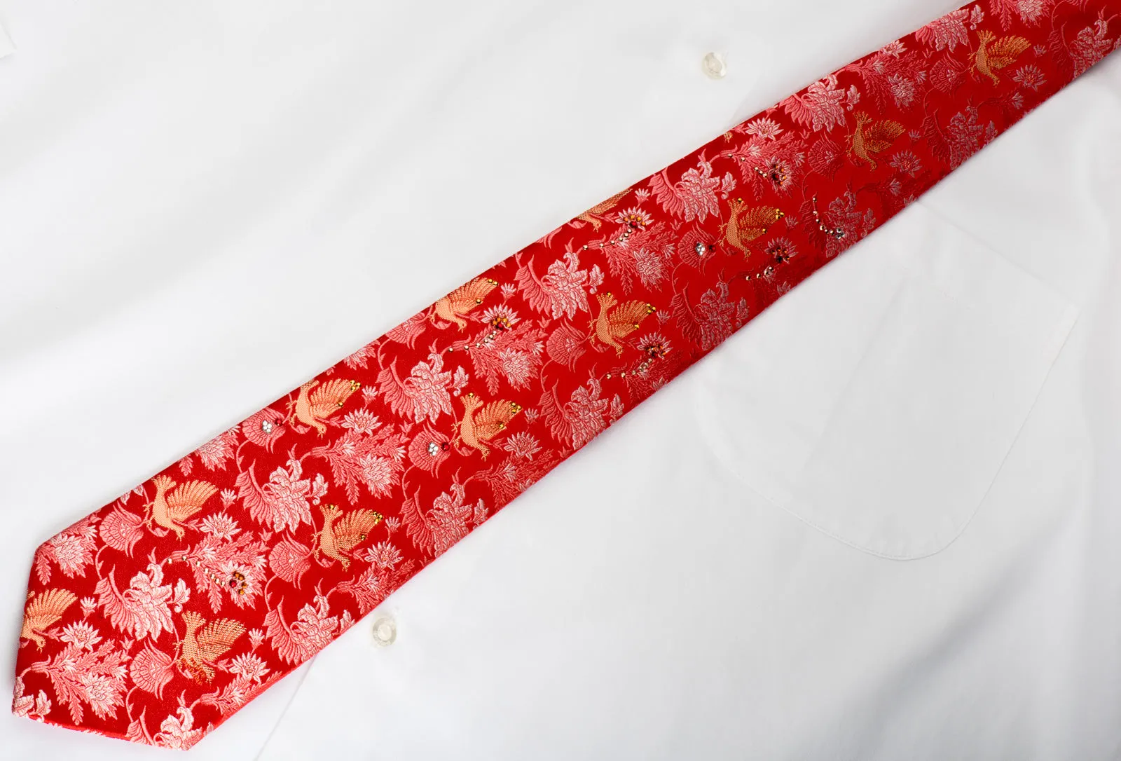Mila Schon Rhinestone Silk Necktie Gold Doves On Anthemion On Red With Gold Sparkles