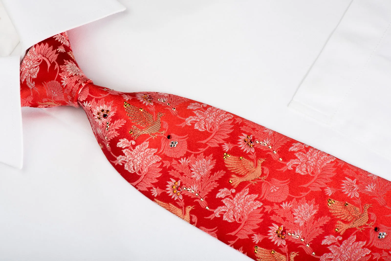 Mila Schon Rhinestone Silk Necktie Gold Doves On Anthemion On Red With Gold Sparkles