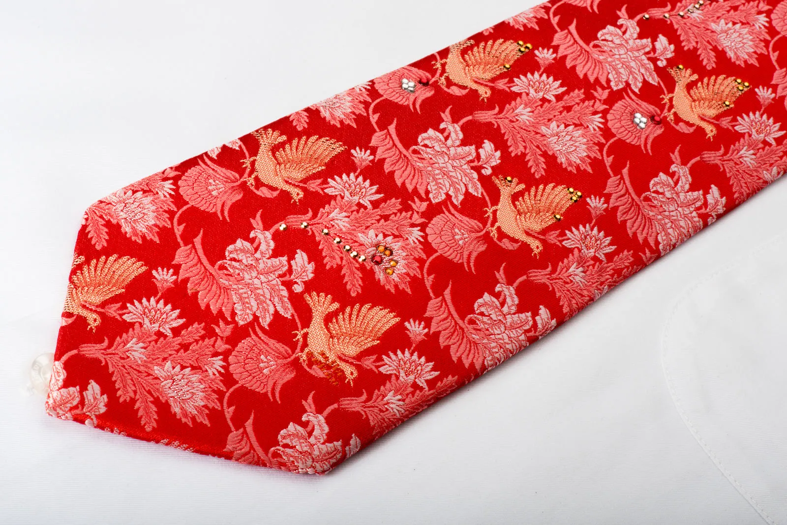 Mila Schon Rhinestone Silk Necktie Gold Doves On Anthemion On Red With Gold Sparkles