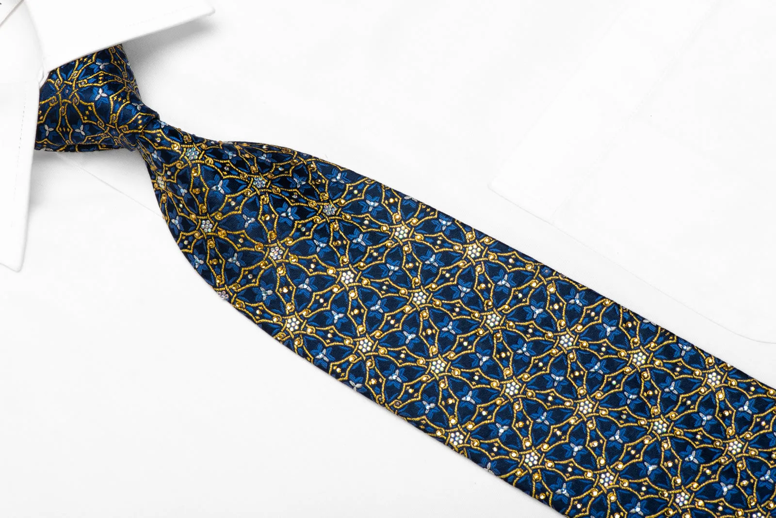 Mila Schon Rhinestone Silk Tie Gold Trellis On Navy With Gold Sparkles