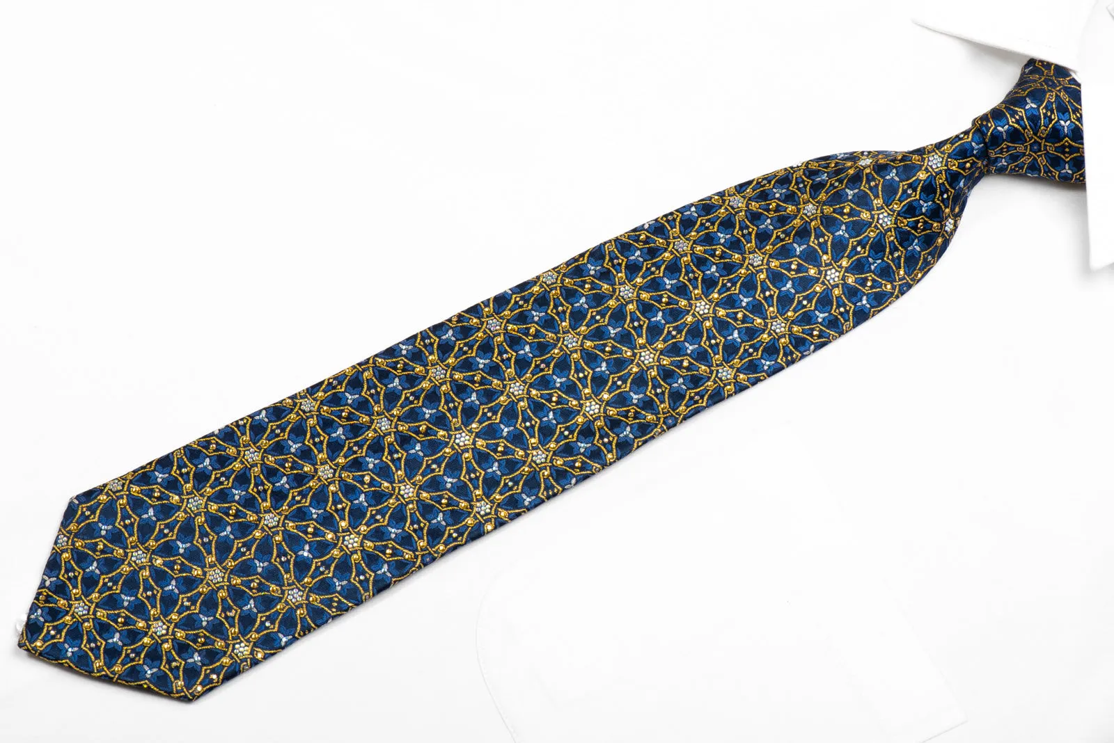 Mila Schon Rhinestone Silk Tie Gold Trellis On Navy With Gold Sparkles