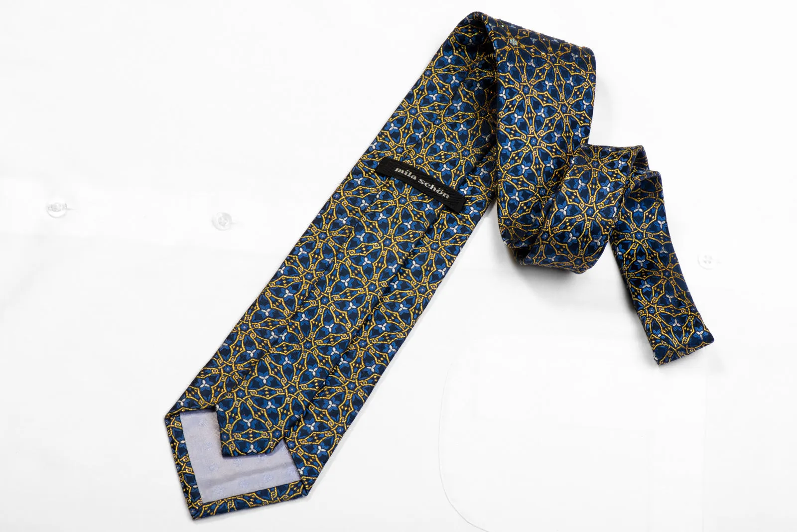 Mila Schon Rhinestone Silk Tie Gold Trellis On Navy With Gold Sparkles