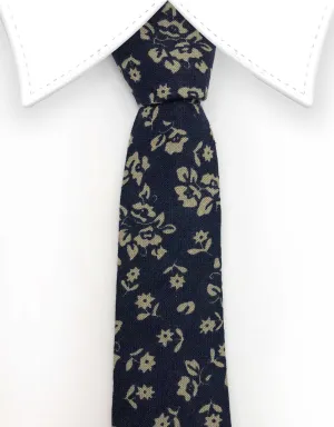 Navy Blue Cotton Skinny Tie with Grey Floral Print