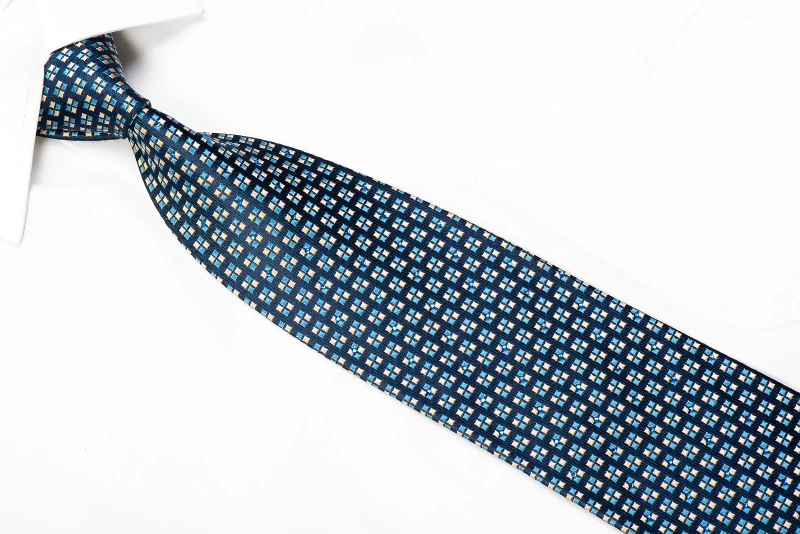 Nina Ricci Blue Silver Micro Squares On Navy Rhinestone Silk Necktie
