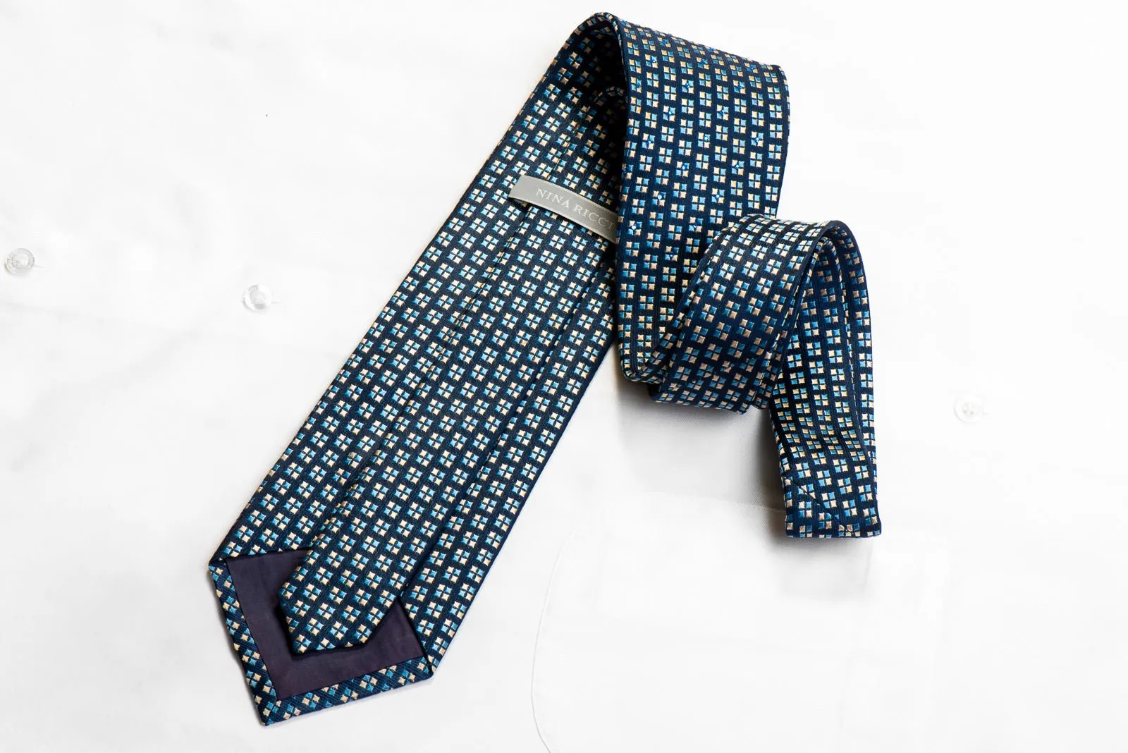Nina Ricci Blue Silver Micro Squares On Navy Rhinestone Silk Necktie