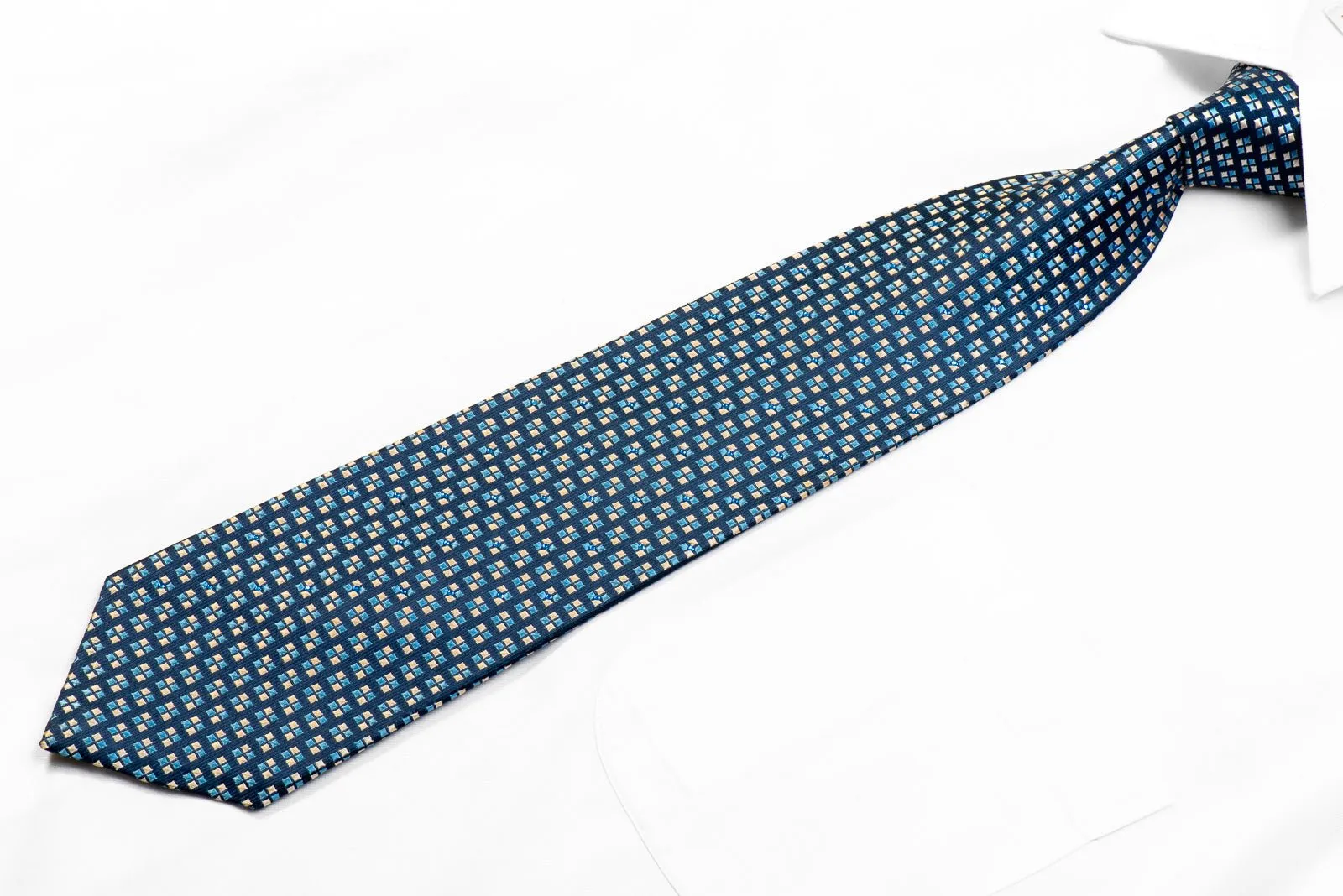 Nina Ricci Blue Silver Micro Squares On Navy Rhinestone Silk Necktie