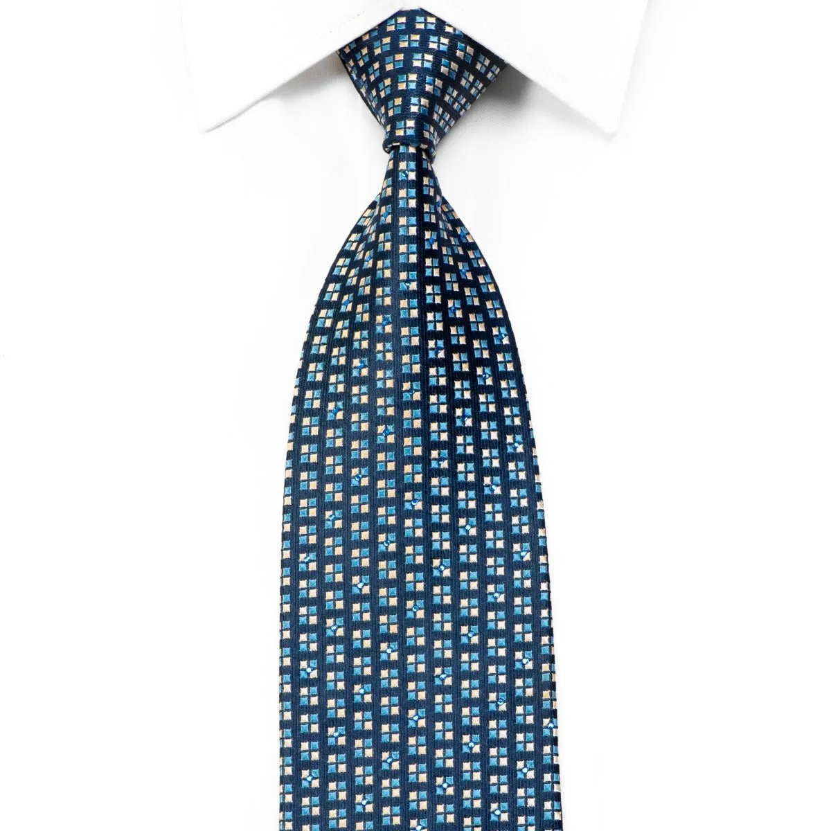 Nina Ricci Blue Silver Micro Squares On Navy Rhinestone Silk Necktie
