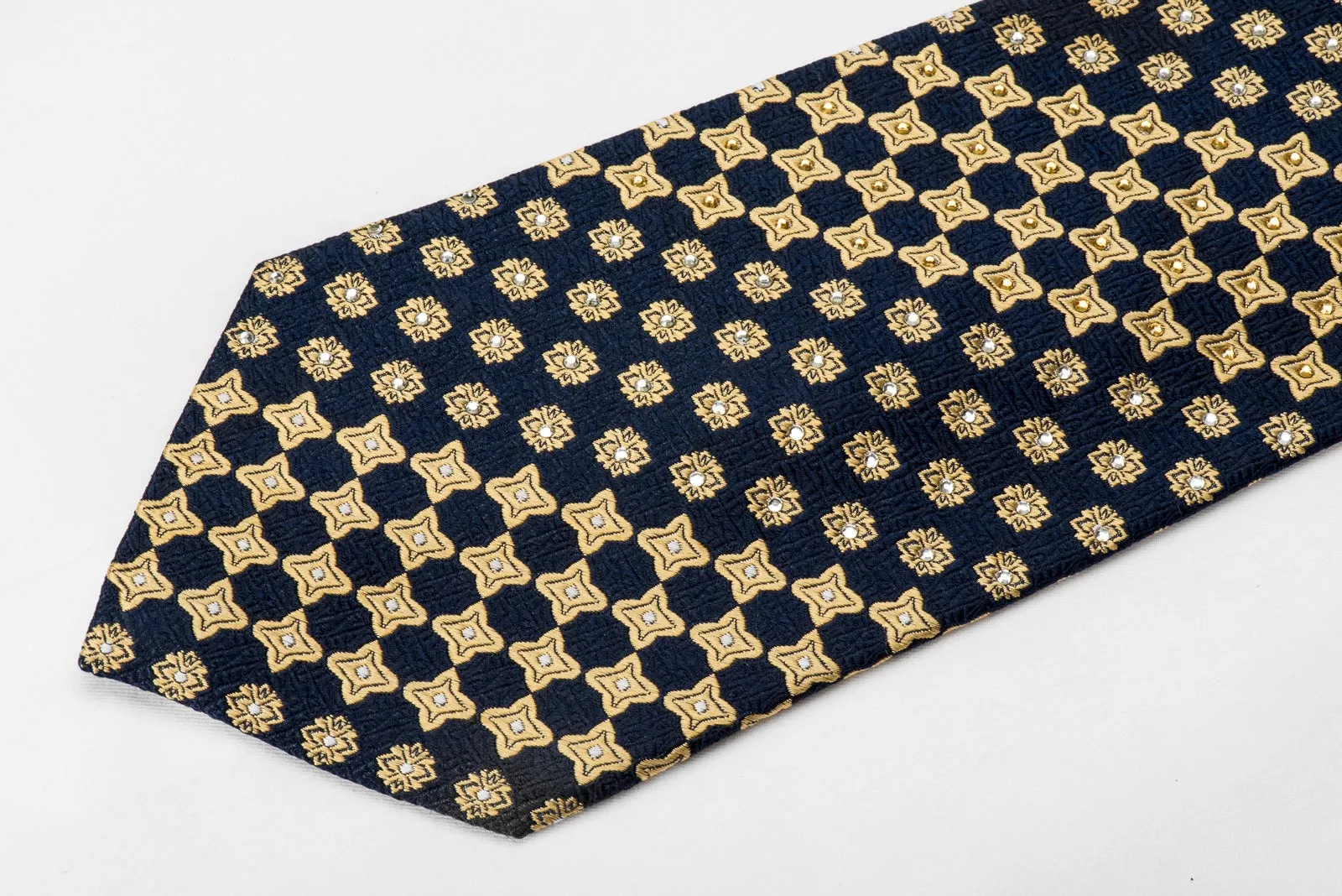 Nina Ricci Men's Crystal Silk Necktie Golden Geometric On Navy Sparkling With Rhinestones
