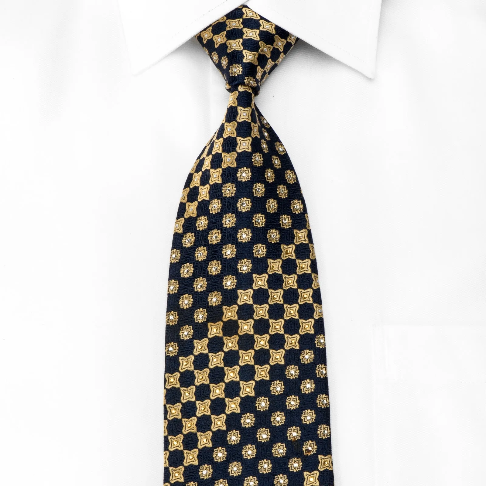 Nina Ricci Men's Crystal Silk Necktie Golden Geometric On Navy Sparkling With Rhinestones