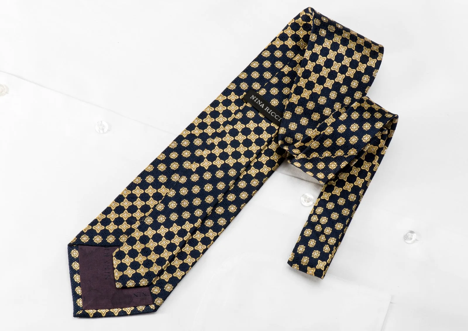Nina Ricci Men's Crystal Silk Necktie Golden Geometric On Navy Sparkling With Rhinestones