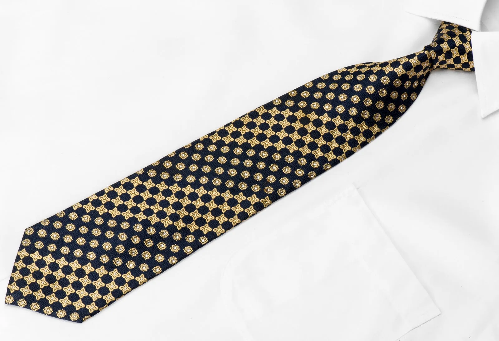 Nina Ricci Men's Crystal Silk Necktie Golden Geometric On Navy Sparkling With Rhinestones