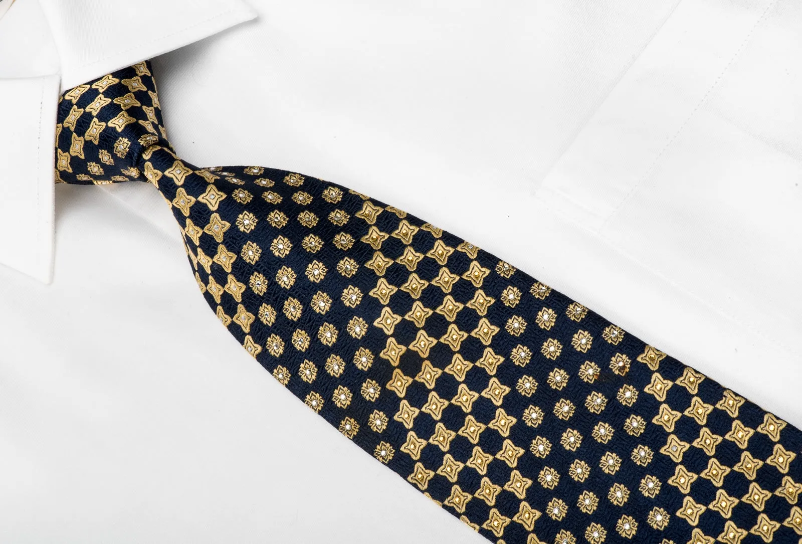 Nina Ricci Men's Crystal Silk Necktie Golden Geometric On Navy Sparkling With Rhinestones