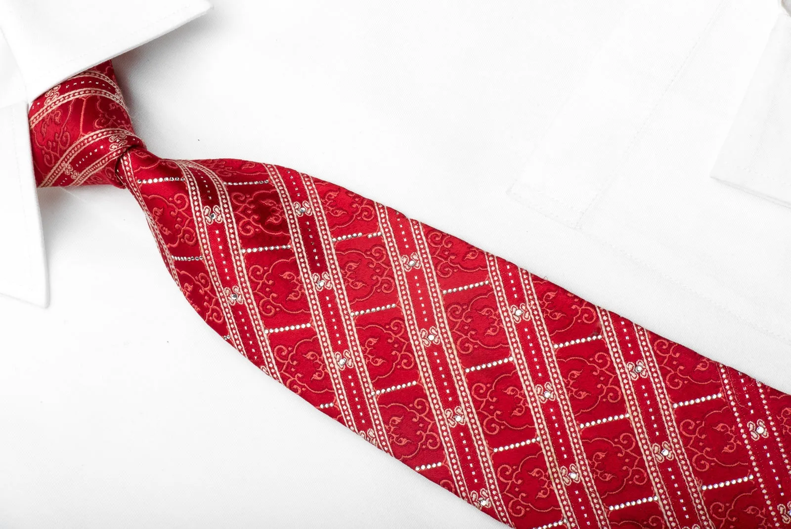 Nina Ricci Men's Silk Tie Striped On Red Sparkling With Rhinestones