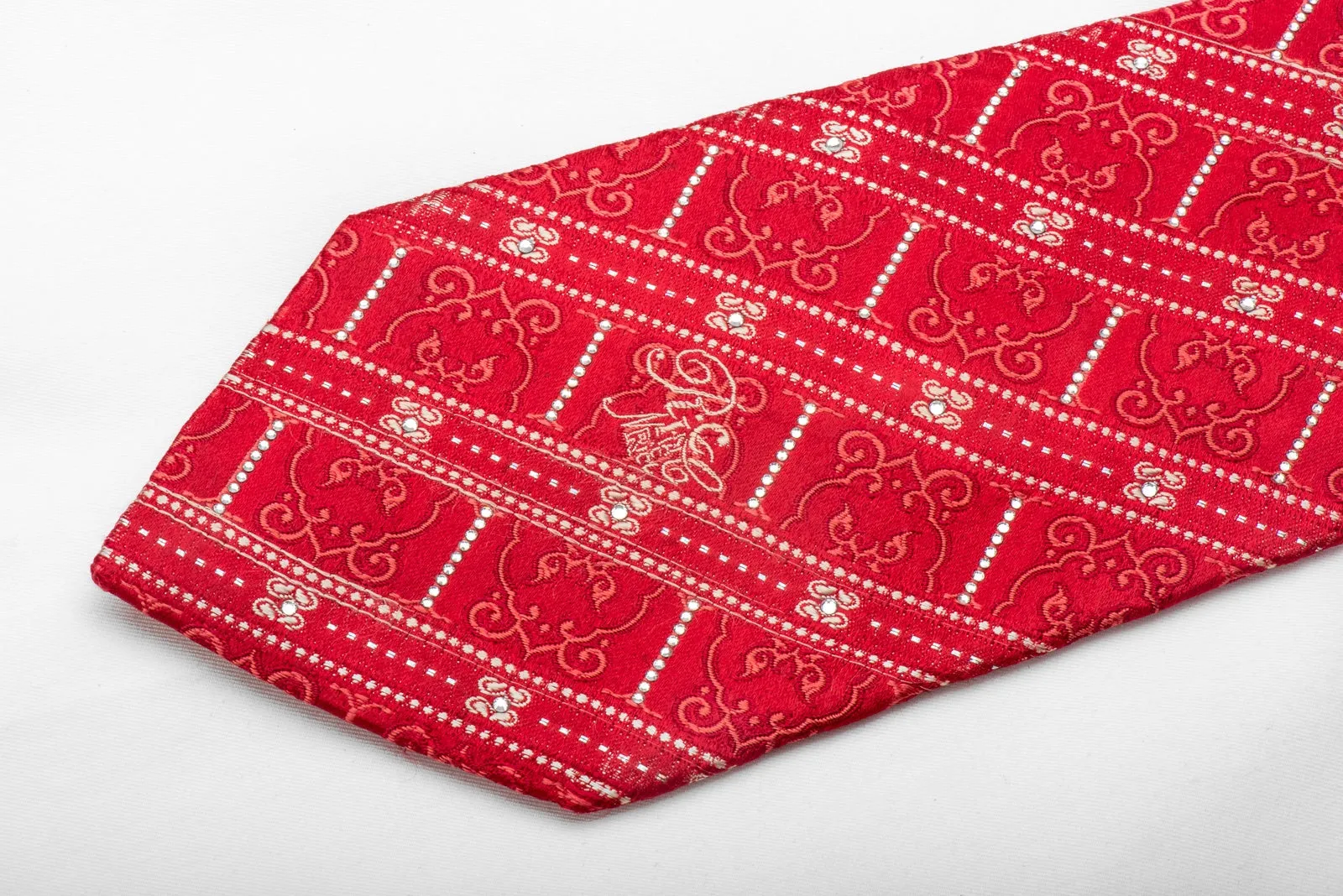 Nina Ricci Men's Silk Tie Striped On Red Sparkling With Rhinestones