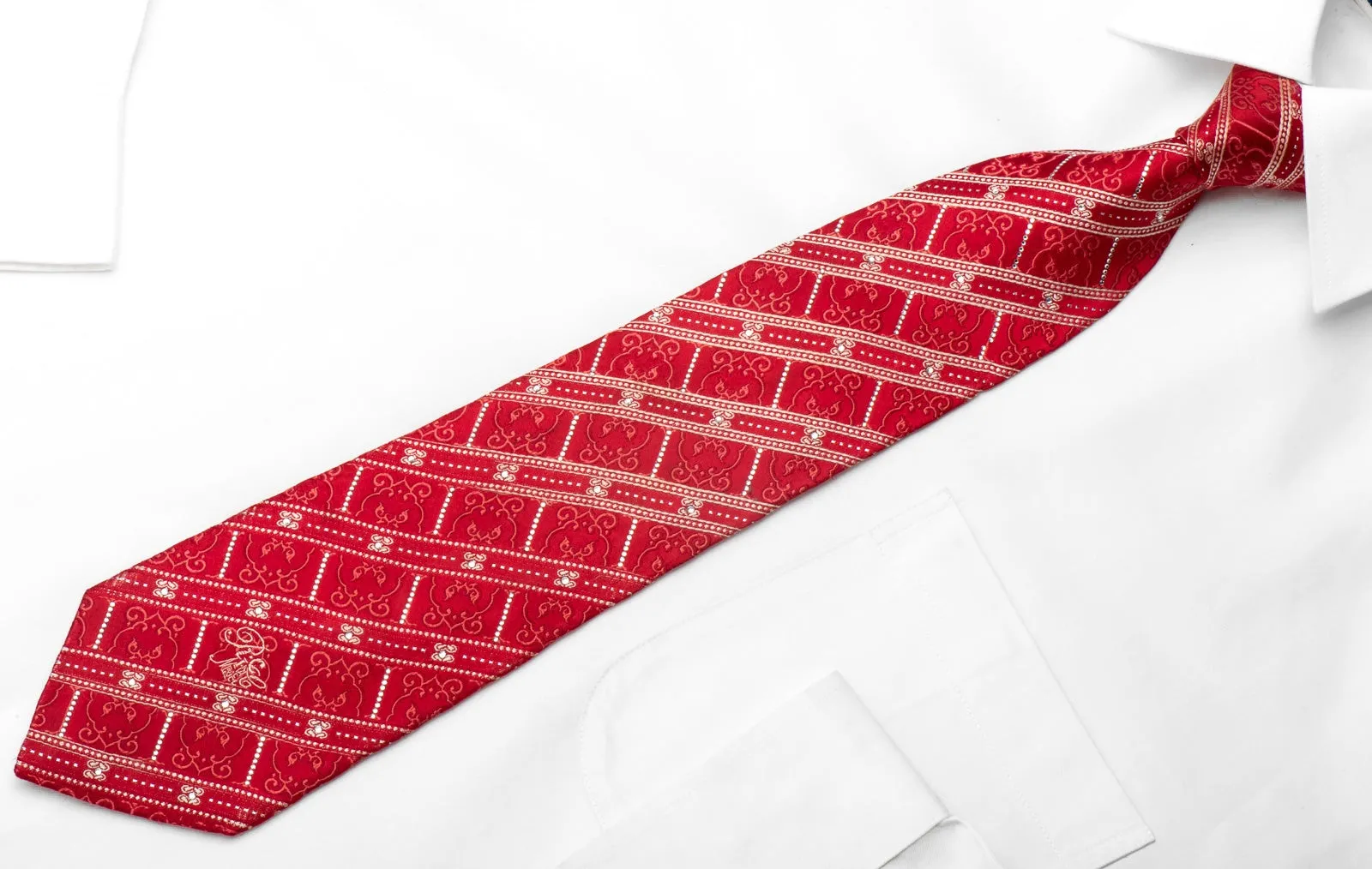 Nina Ricci Men's Silk Tie Striped On Red Sparkling With Rhinestones
