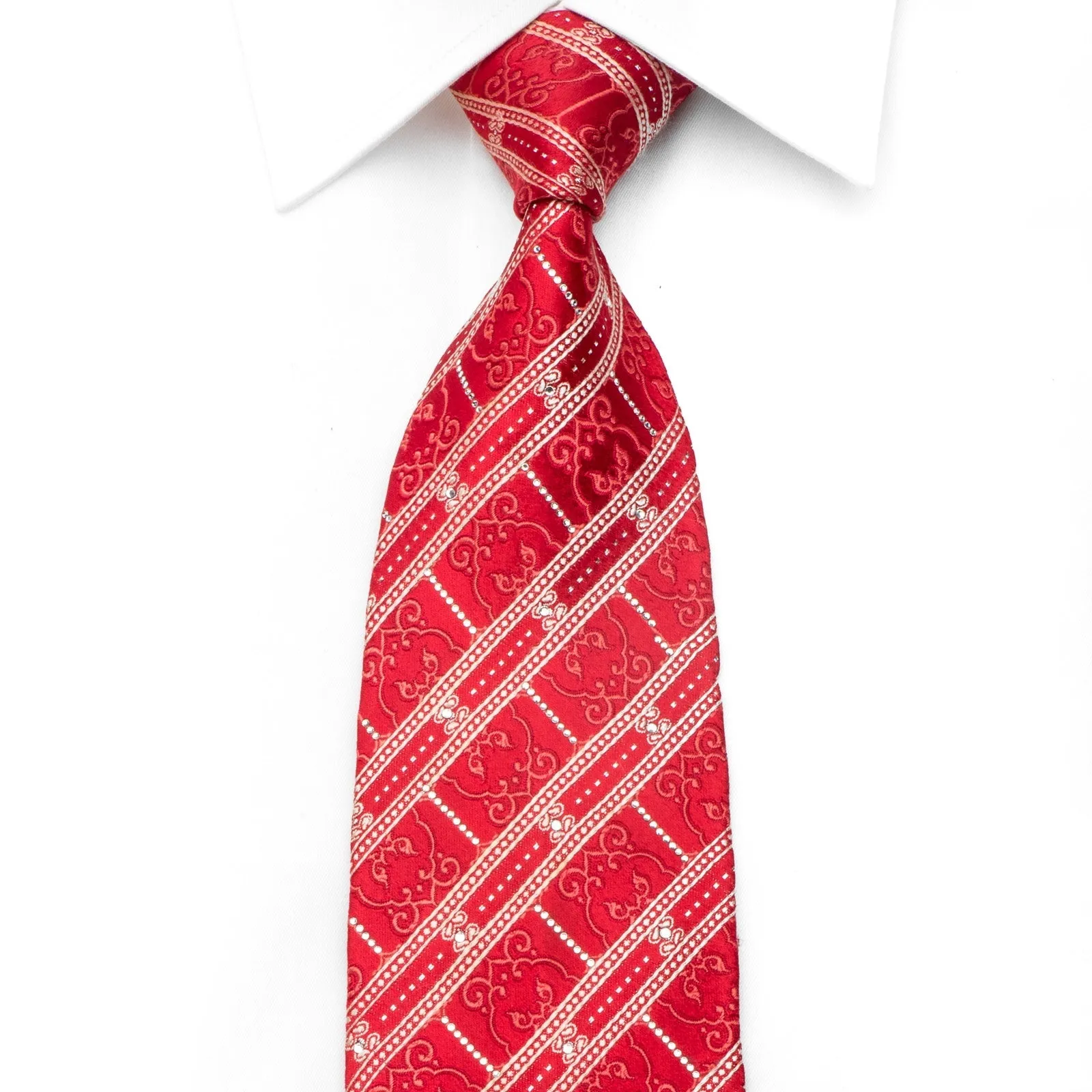Nina Ricci Men's Silk Tie Striped On Red Sparkling With Rhinestones