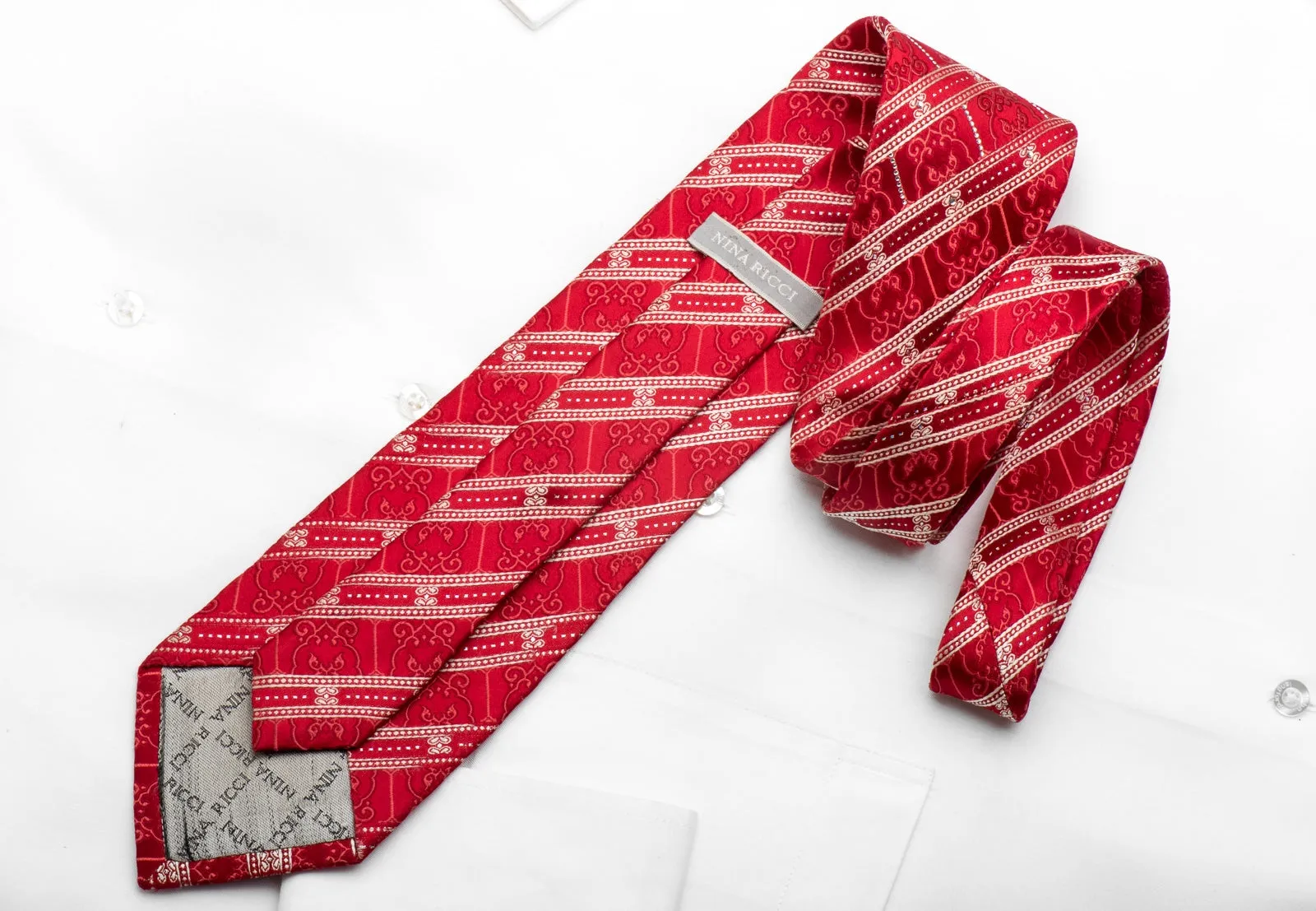 Nina Ricci Men's Silk Tie Striped On Red Sparkling With Rhinestones