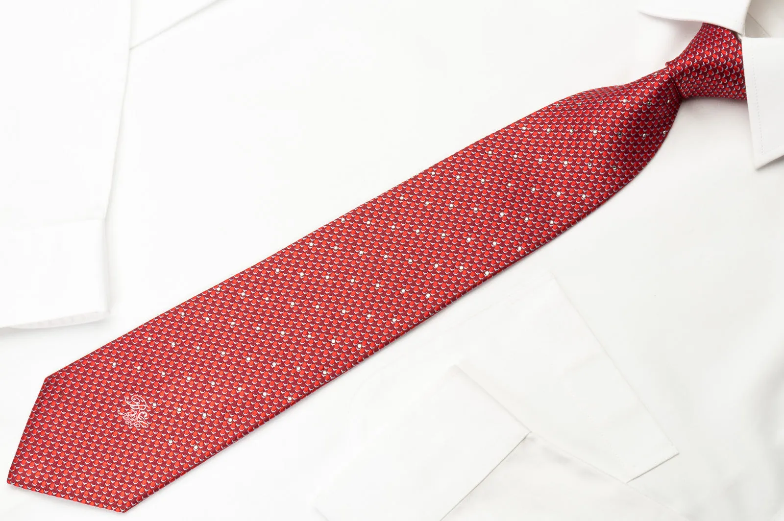 Nina Ricci Rhinstone Necktie Red Dots On Woven Burgundy Silk